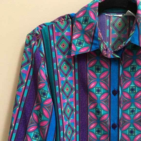Funky Vintage Geometric Print Blouse, Purple, Blue, Turquoise + Green - Picture 2 of 4
